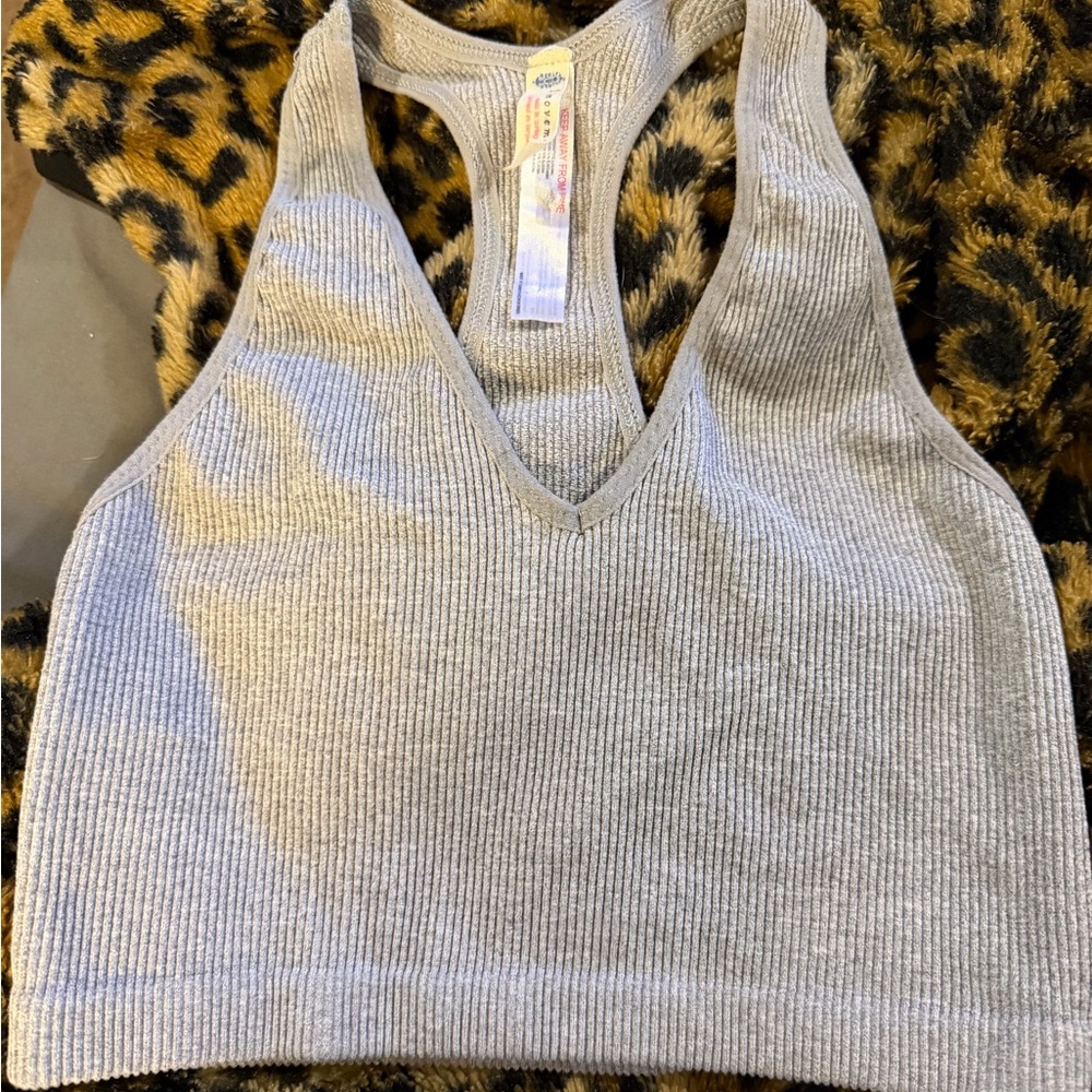 FP Movement by Free People Light Gray Ribbed V-Neck Racerback Crop Tank